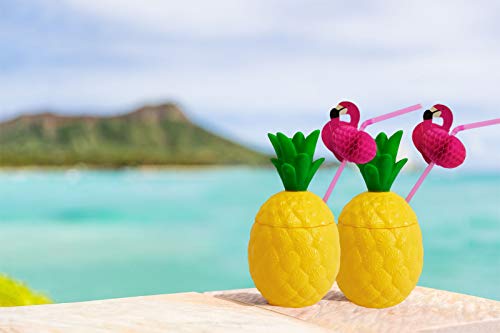 GiftExpress 12-pack Plastic Pineapple Cups with Flamingo Straws, Hawaiian Party Cups Luau Aloha Party Favor