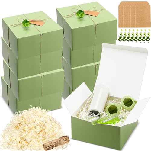 Juego de 26 cajas de regalo, 8 cajas de propuesta de dama de honor de 8 x 8 x 4 pulgadas, regalo de San Valentín, 8 etiquetas de regalo de papel kraft, 8 tallos de hojas de eucalipto de plástico, 1