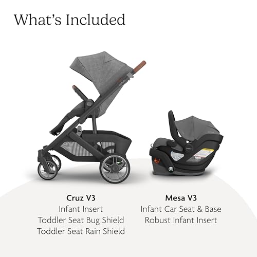 Image of UPPAbaby Cruz V3 Stroller + Mesa V3 Car Seat Travel System Combo - Toddler Seat, Bumper Bar, Bug and Rain Shields, Car Seat Base, and Infant Insert Included - Greyson (Charcoal Melange)