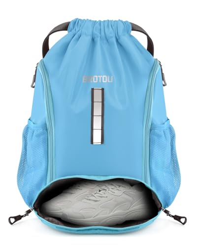 BROTOU Soccer Drawstring Backpack, Basketball Bag, Volleyball Football Bags with Ball and Shoe Compartment (1- Reflective strip, Lake Blue)