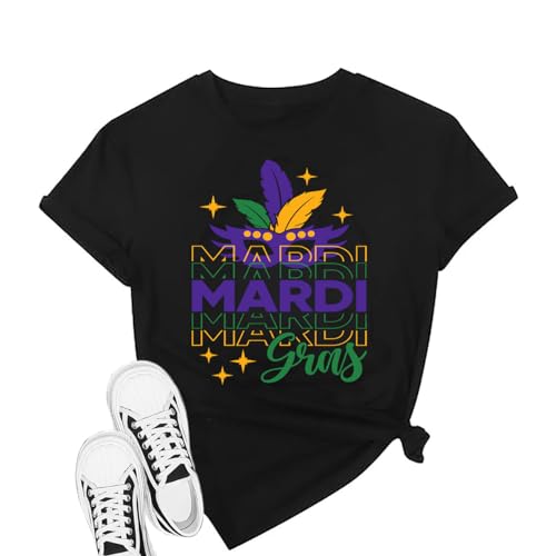 Mardi Gras Shirts Women Carnival Parade Street New Orleans T-Shirt Fat Tuesday Short Sleeve Mask Graphic Funny Top Tee -Feather XXL