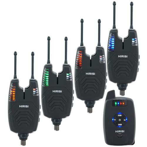 Hirisi Tackle Carp Fishing Wireless Alarm Set, 4 Alarms and 1 Receiver, Fully Functional Bite Alarm Fishing with Radio (SX1-4)