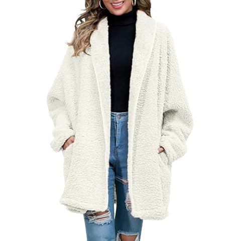 Zilcremo Women Oversized Fleece Cardigan Open Front Shawl Collar Long Sleeve Sherpa Fuzzy Jacket Outerwear Coats with Pockets White M Cover