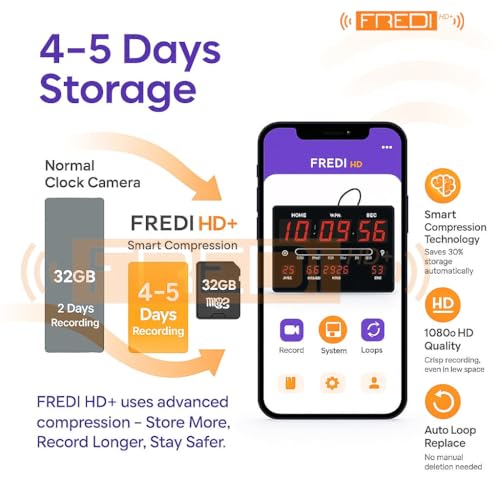 Image of FREDI HD PLUS WiFi Digital Clock Camera 1080P Full HD | 32GB Inbuilt Storage | Live View on Mobile & PC | Motion Detection | Loop Recording | Smart LED Display Clock for Home & Office Monitoring