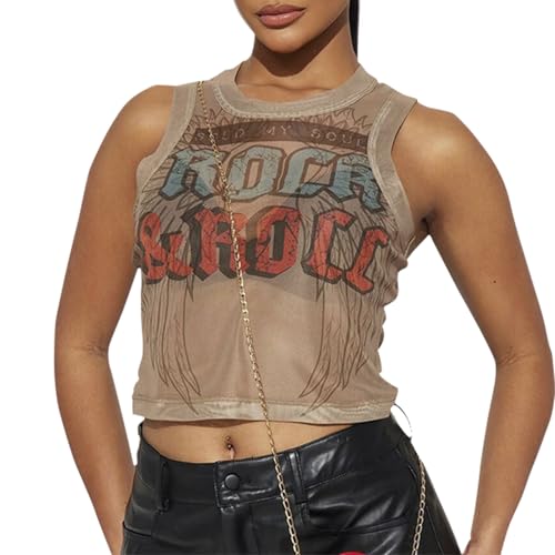Women Sexy Mesh See Through Graphic Crop Tank Top Letter Print Sleeveless Cami Top Club Outfits