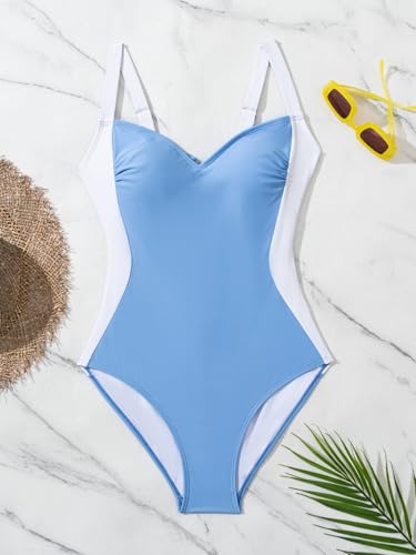 Image of Eomenie One Piece Swimsuit Lace-Up Back,Colorblock Waist-Slimming,Adjustable Wide Straps,Fully Lined Coverage,Resort Swimwear