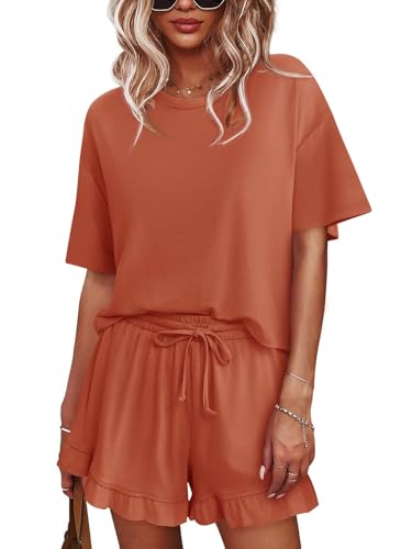 Image of Tankaneo Womens 2 Piece Shorts Set Summer Casual Short Sleeve T Shirts Drawstring Ruffle Shorts Pajamas Lounge Set