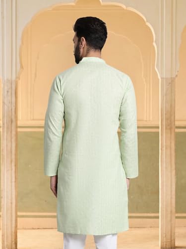 Image of SOJANYA Pastel Green Cotton Blend Kurta with Contrast Button Detailing