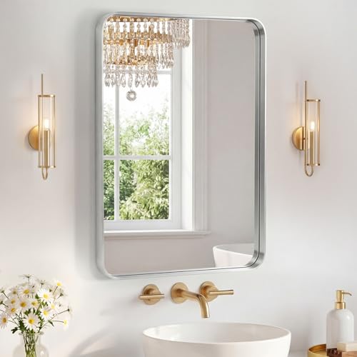 Image of NEWBULIG 20X28 Inch Bathroom Mirror for Over Sink, Wall Vanity Mirrors Tempered Glass, Anti-Rust Metal Framed Rounded Rectangle, Hangs Horizontally or Vertically, Farmhouse Home Decor, Silvery