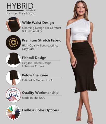 Image of HyBrid & Company Womens Premium Nylon Ponte Stretch Office Fishtail Pencil Skirt High Waist Made in The USA Below Knee