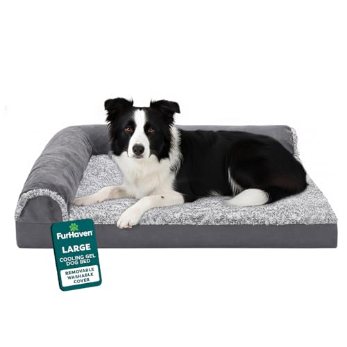 Image of FurHaven Cooling Gel Dog Bed for Medium & Large Dogs, L-Shaped Chaise with Cool Gel-Top Foam with a Solid Orthopedic Foam Base for Joint Support, Washable Cover, Large, Plush & Suede, Stone Gray