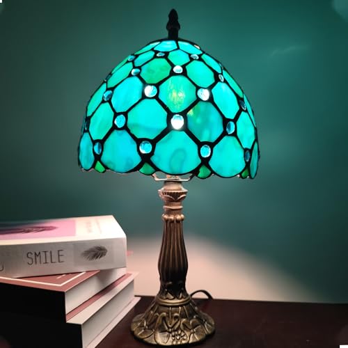 Image of Small Tiffany Table Lamp 8 Inch Tiffany Style Desk Lamp Stained Glass Antique Light Bedroom Bedside Lamp Retro Reading Lamps (Green Pearls Style)