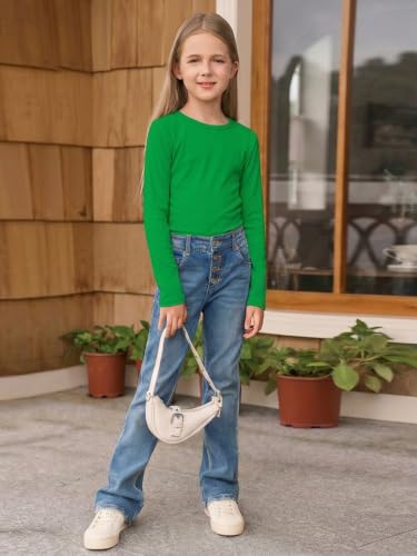 Image of Haloumoning Girls Long Sleeve Shirts Crewneck Ruched Side Slim Fit Tops Ribbed Knit Casual Tee Shirt 4-15 Years