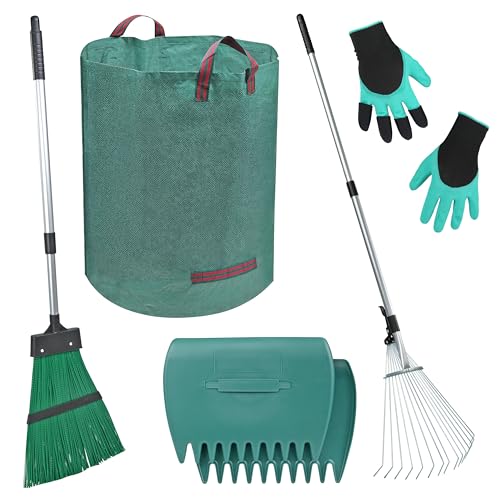 Crystals® 5-in-1 Garden Rake Tool Set | Includes Adjustable Leaf Rake, Large Leaf Grabbers, Gardening Gloves & 500L Garden Bag | Ideal for Outdoor Lawn Clean-up & Lawn Maintenance
