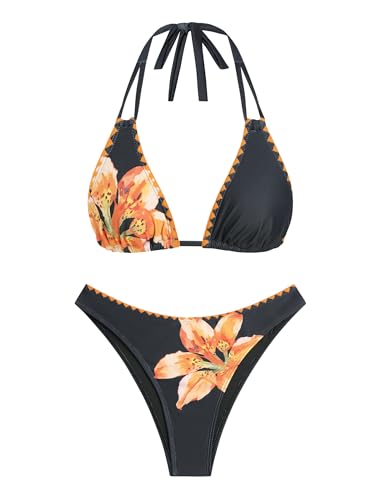 Image of ZAFUL Women Halter Dual Straps Whip Stitch Floral Triangle Bikini Swimsuits