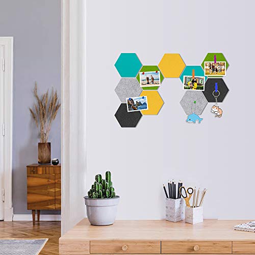 Meetory 10 Packs Felt Board Hexagon Tiles Bulletin Board with 41 Pcs Push Pins Wooden Clips Kit, Wall Stickers Display Board Notice Board for Home Office Classroom Wall Décor