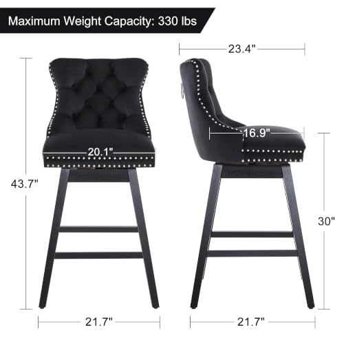 Image of Black Swivel Bar Stools, Velvet Counter Height Bar Stools Set of 4 | 360 Swivel Bar Chairs, Solid Wood Legs, Upholstered Kitchen Island Stools, Modern Extra Wide Seat (Black, 30 inch H, 4 Pack)