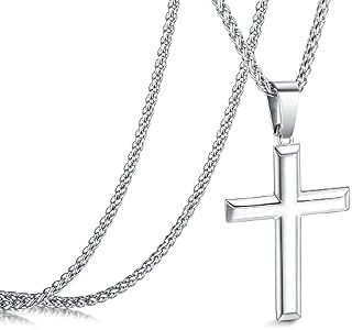 Roheafer 925 Sterling Silver Cross Necklace for Men Women 2.5mm Stainless Steel Wheat Chain 18K White Gold Plated Crucifix Pendant Necklace Polished Beveled Edge Cross Chain Necklace 61 cm