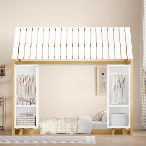 SOFTSEA Twin House Bed with Two Movable Wardrobes, Floor Bed Frame with Roof and Wood Slats, Wooden Platform Twin Bed Frame with Storage, Natural