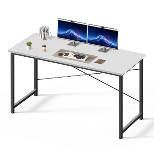 Image of DUMOS 55 Inch Computer Desk for Home Office, Modern Study Work Table Simple Style for Bedroom Small Space, Large Writing Desks with X-Shaped Reinforcement, Wood White