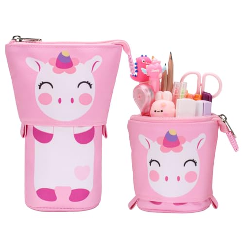 BrainyBees Standing Pencil Case Girls - Telescopic Pouch Pink Unicorn