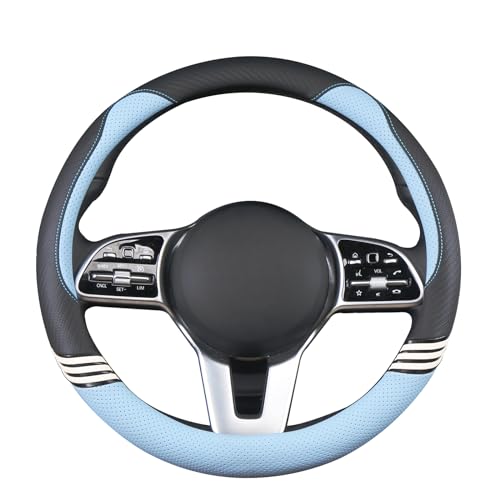 Image of 15 inch Cute Leather Steering Wheel Cover Black and Blue | Breathable Non-Slip Faux Leather and Carbon Fiber Car Accessories for Women Men Universal 14.5 inch to 15 inch