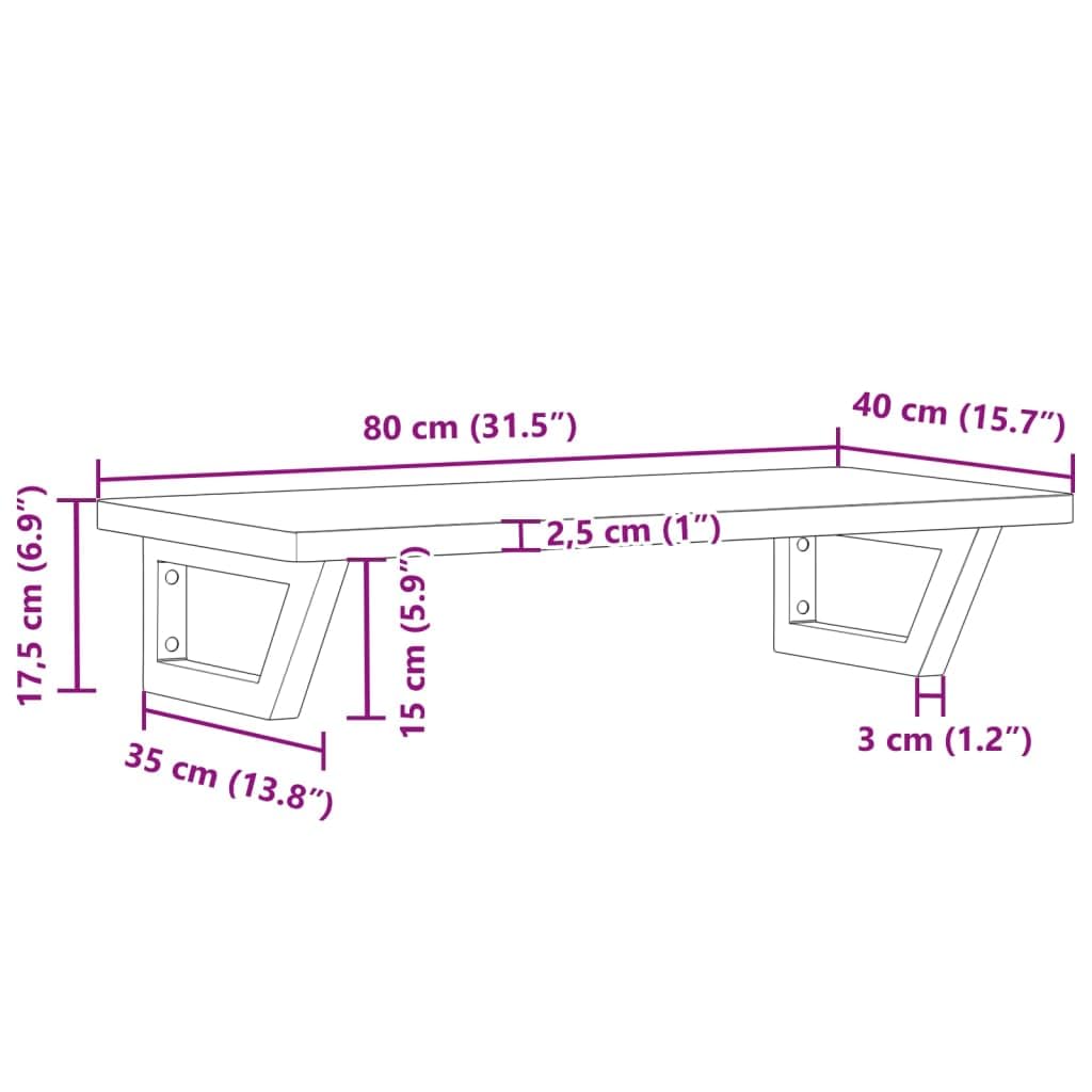 Estantería para lavabo de pared de acero y madera de haya maciza, 80 x 40 cm, con soporte trapezoidal, ahorra espacio, soporta hasta 100 kg, para baño y lavabo con armario bajo