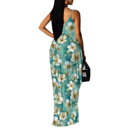 Image of Women's Summer Maxi Dress Spaghetti Strap Floral Boho Beach Long Sundress with Pockets