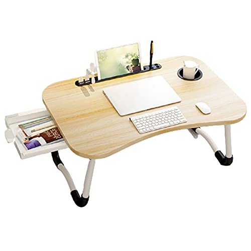 HB1 Home Folding Laptop Desk for Bed & Sofa Lightweight and Portable Lap Desk for Study and Reading Bed Top Tray Table Top Drawer Outdoor Camping,White