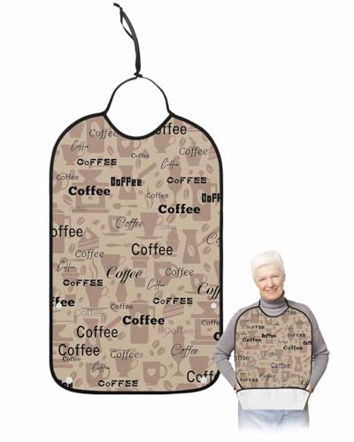 LEOKOTI Brown Coffee Adult Bibs for Eating, Waterproof Bibs with Food Catcher & Adjustable Snap Closure, Coffee Theme Rustic Farmhouse Washable Clothing Protectors Adult Bibs for Elderly Women/Men