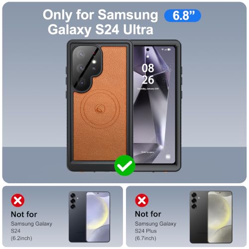 Image of ANTSHARE IP68 Waterproof Case for Samsung Galaxy S24 Ultra, Brown | Compatible with MagSafe, Built-in Screen /Lens Protector - Shockproof Full Body Protection, Back Leather for Swimming /Outdoor