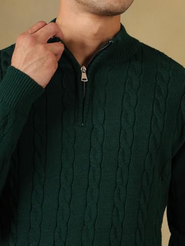 Image of Kvetoo Men's Wool High Neck Zipper Sweater, Full Sleeve Cable Knit Quarter Zip Winter Pullover