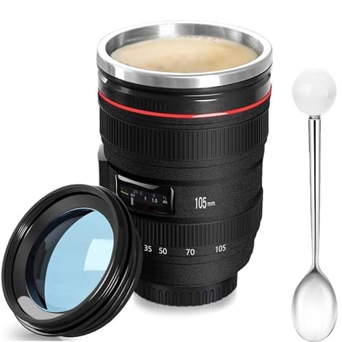 Mug Objectif Photo 350ml - Tasse à Café en Acier Inoxydable avec Couvercle et Cuillère, Cadeau pour Photographe, Design Unique Isotherme, Noir