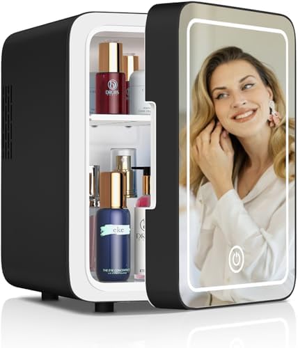 CUTIEWORLD Makeup Fridge With Dimmable LED Light Mirror, 4L Mini ...