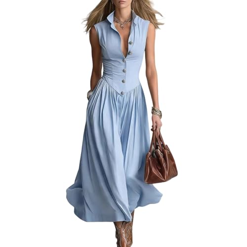 Robe longue sans manches femme col chemise fermeture décontractée chic été