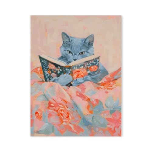 Toile Chat Rose Lisant un Livre 40x60cm LEMST pour Salon