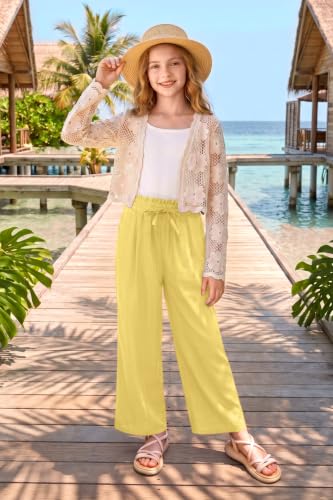 Image of Girls Summer Floral Wide Leg Pants High Waisted Flowy Dress Trousers with Pockets for School Lounge Beach 5-14 Years