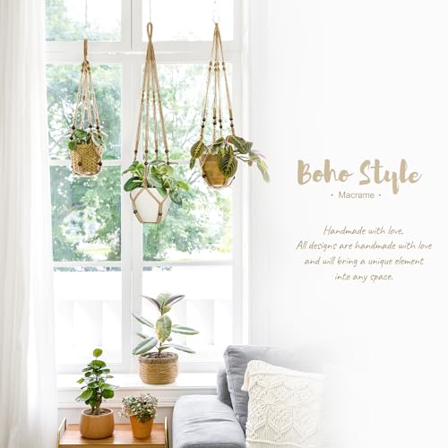Image of Mkono 3 Pack Macrame Plant Hangers Hanging Planters for Indoor Plants Brown