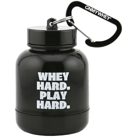 ONMYWHEY - Protein Powder & Supplement Funnel Keychain, Portable To-Go Container for The Gym, Workouts, Fitness, & Travel - TSA Approved, Whey Hard Play Hard Cover