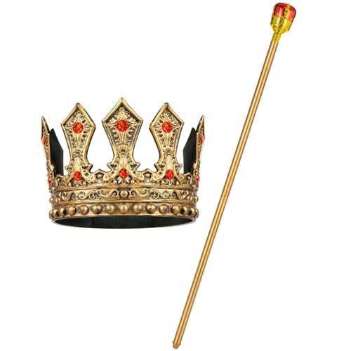 Royal King Crown and Scepter Set Medieval Costume Accessories for Men/Women Halloween Cosplay (Gold Scepter Crown Set A)