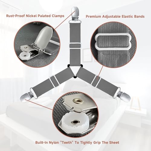 Image of Bed Sheet Straps, Upgrade Fitted Bed Sheet Holders for Corners, Non Slip Sheet Clips Grey 4Pcs