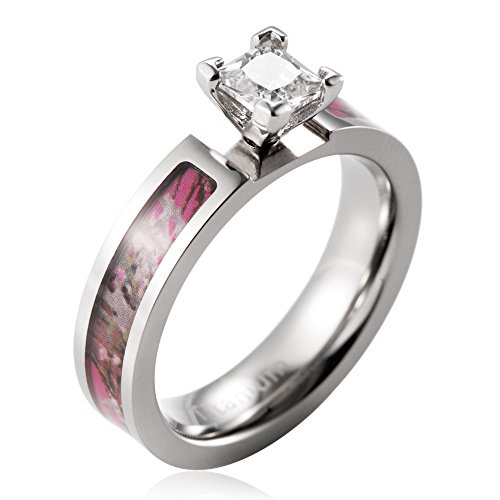 Women's 5mm Titanium Pink Tree Camo Engagement Ring with White Square Cz Stone