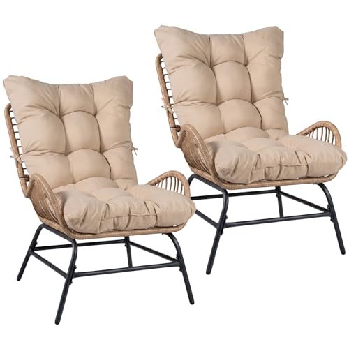 COSTWAY 2er Set Gartenstühle Rattan Wetterfest Gartensessel mit dickem Kissen Rattansessel XXL Terrassenstühle Rattanstühle bis 150 kg belastbar für Garten Terrasse Balkon (Khaki)