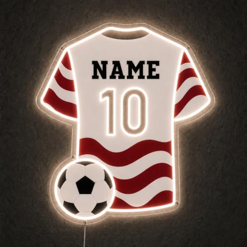 Image of Custom Soccer Jersey Neon Sign, Personalized Name Number world cup Football Jersey Neon Light with Soccer Ball, Customizable USB LED Wall Decor for Boys Bedroom, Game Room, Man Cave, Sports Bar, Fan Club, Party,Soccer Gifts