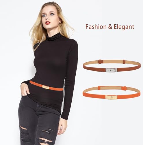 COTIM COYIN 2 Pack Women's Solid Color Skinny Leather Belt, Alloy Turn Lock Adjustable Waist Belt for Dresses Jeans2