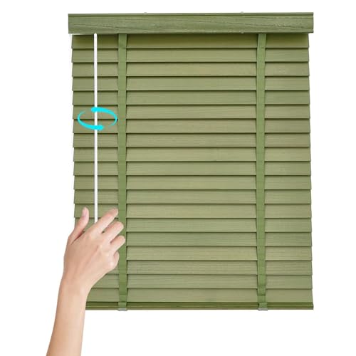 Faux Wood Blinds for Home, Cordless Horizontal Venetian Blinds, Privacy Blackout Window Blind＆Shades, 50cm 60cm 70cm 80cm 90cm 100cm 120cm, Wooden Light Filtering Curtains(Green)