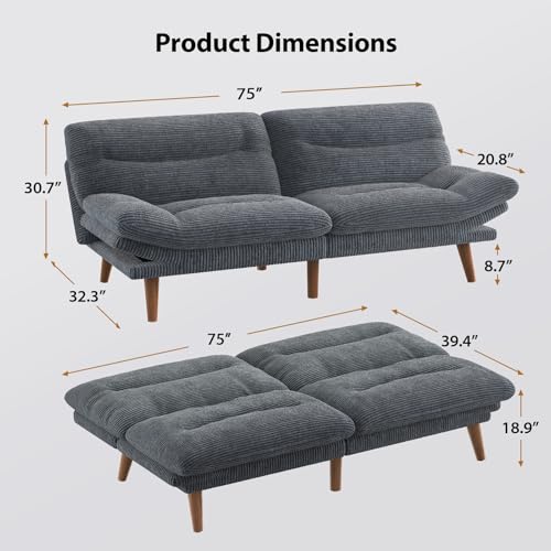 Image of Amada 75 inch Convertible Futon Sofa Bed, Corduroy Folding Futon Set with Adjustable Backrest &Armrests, Recliner Lounge for Living Room, Apartment or Office, Solid Wood Frame, Loveseat Sofa -Dark Grey