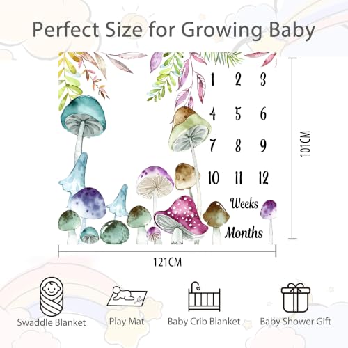 Image of Mushroom Theme Baby Monthly Milestone Blanket, Soft Flannel Watercolor Spring Tropical Eucalyptus Leaves Botanical Photography Prop Newborn Baby Shower Age Growth Tracker (Green Blue, 48x40in)
