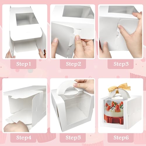 Savveffort 12 Set 6x6x6 Inches Cake Boxes with Boards-?12 Boxes with Handles & 12 Borads & 70ft Silk Ribbon and 12Pcs Stickers?