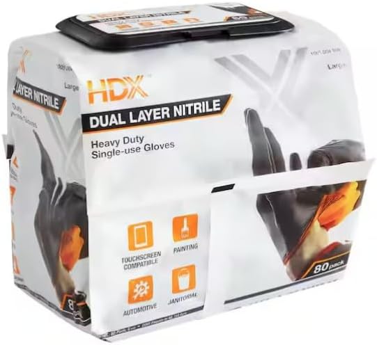 Dual Layer Nitrile Disposable Gloves, Black, Heavy Duty, Large, Touchscreen Compatible, 80-Count